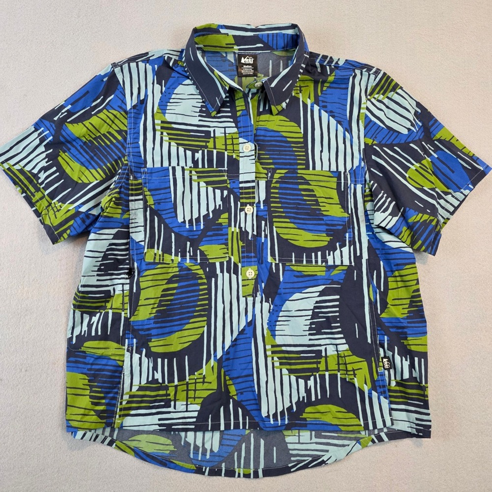 REI Co-op‎ Sahara Short Sleeve Shirt Quick Dry Womens Medium Blue Green Abstract